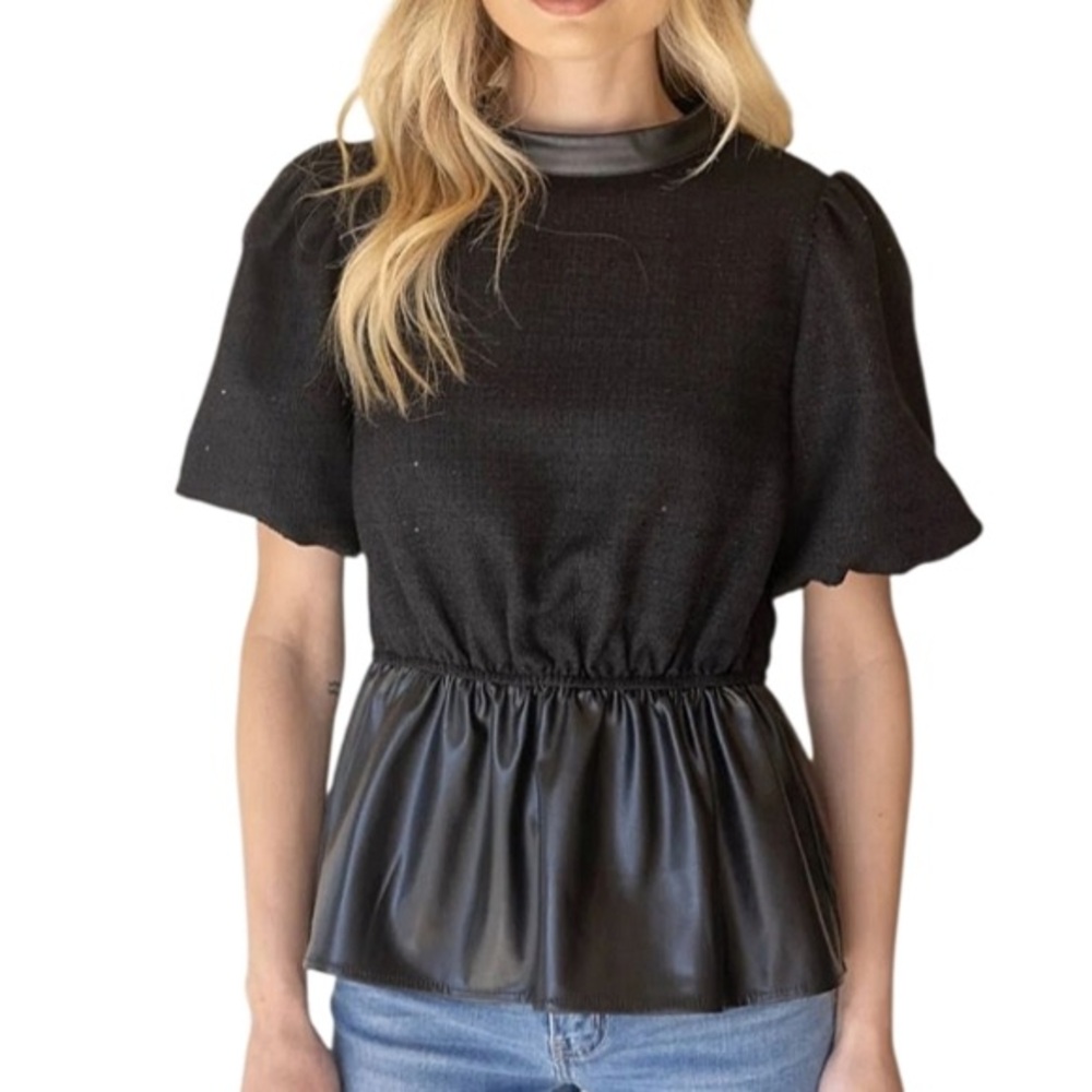 NWT VOY Faux Leather Mixed Peplum Top Black Size S